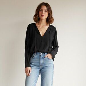 VINCE Tassel-Neck Blouse | Black | Size L | $345 Retail